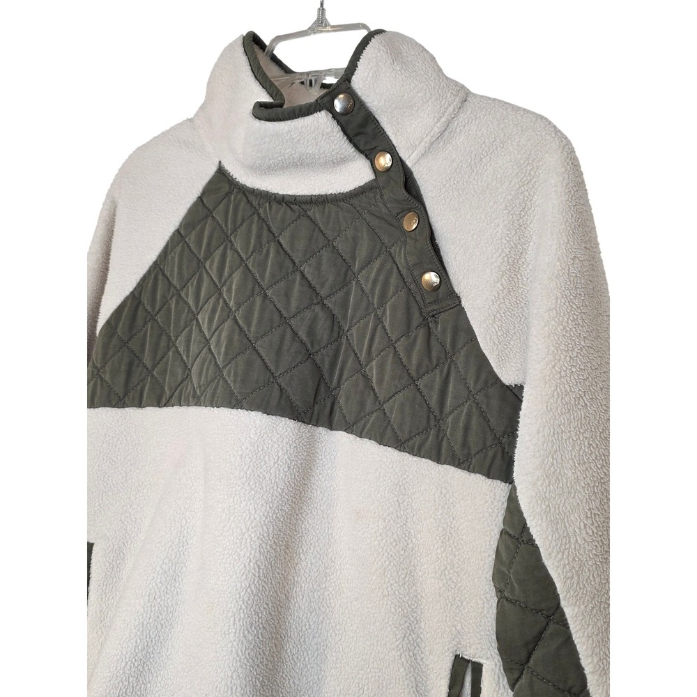 Abercrombie‎ & Fitch Womens Fleece Pullover Cream Olive Quilted Snap Neck Medium - Picture 10 of 12
